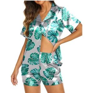 Women's Satin Pajama Set - Tropical Green Leaf Print- NEW in package